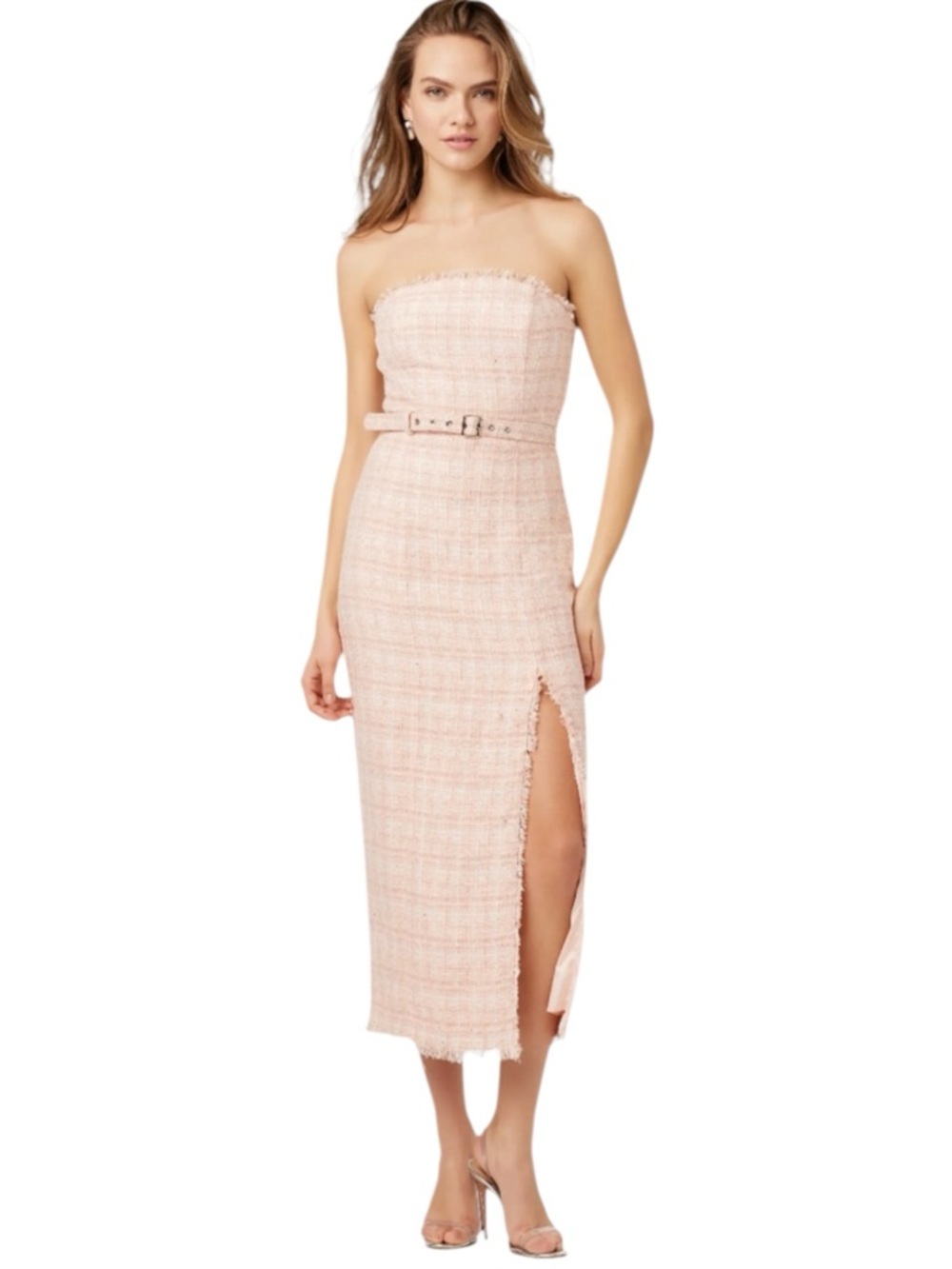 NWT Toccin Vivian Tweed Belted Midi Dress Blush Pink Slit 8 Chic